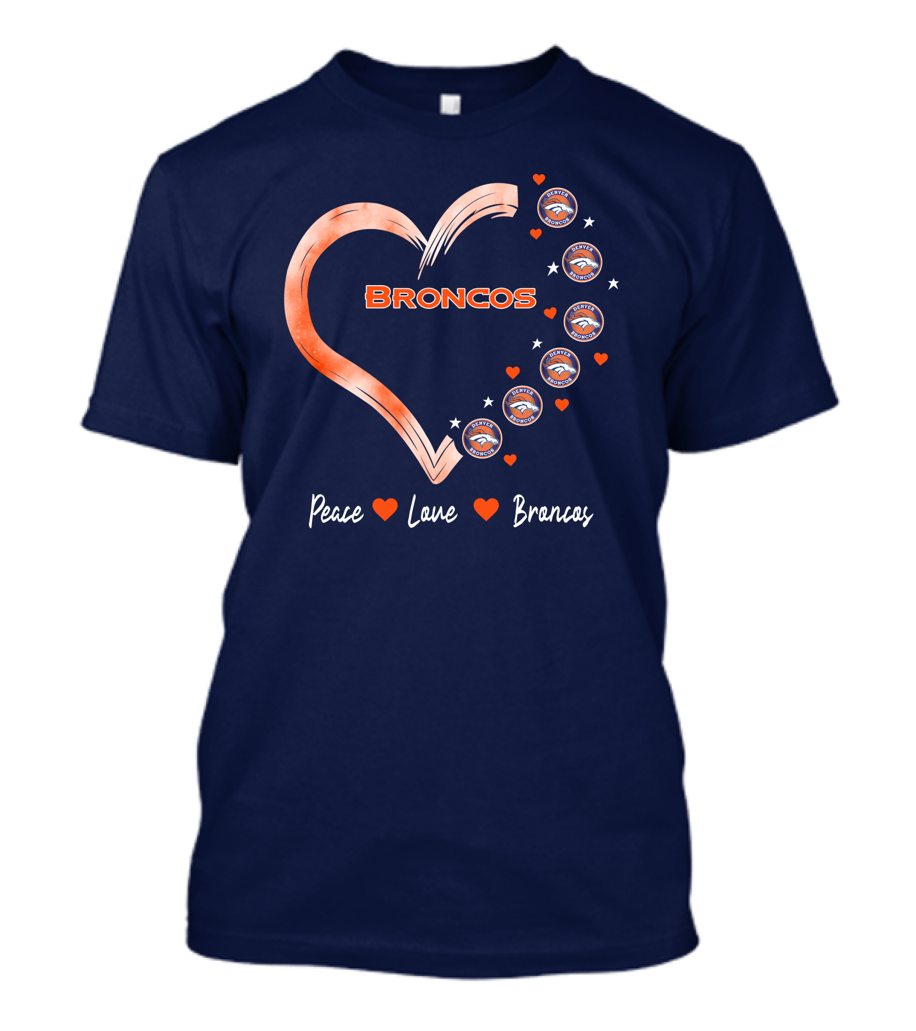 Peace Love Broncos Heart With Denver Broncos Logos And Stars T-Shirt