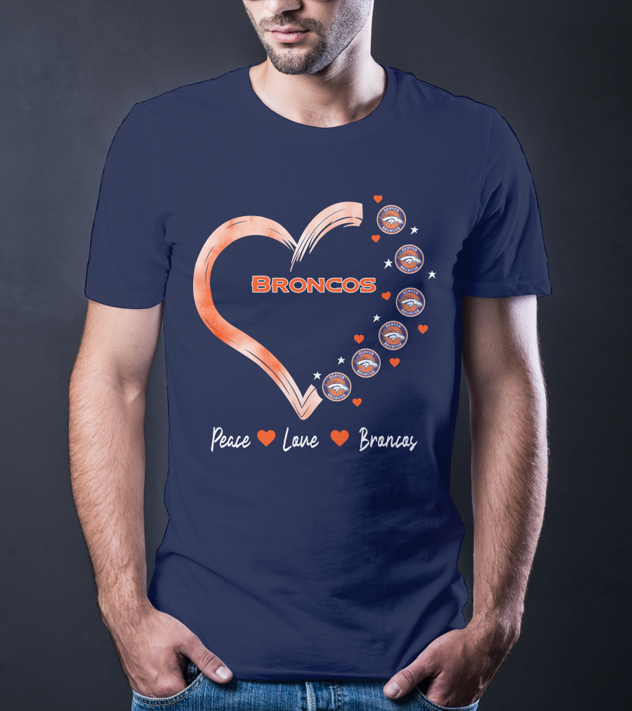 Peace Love Broncos Heart With Denver Broncos Logos And Stars T-Shirt