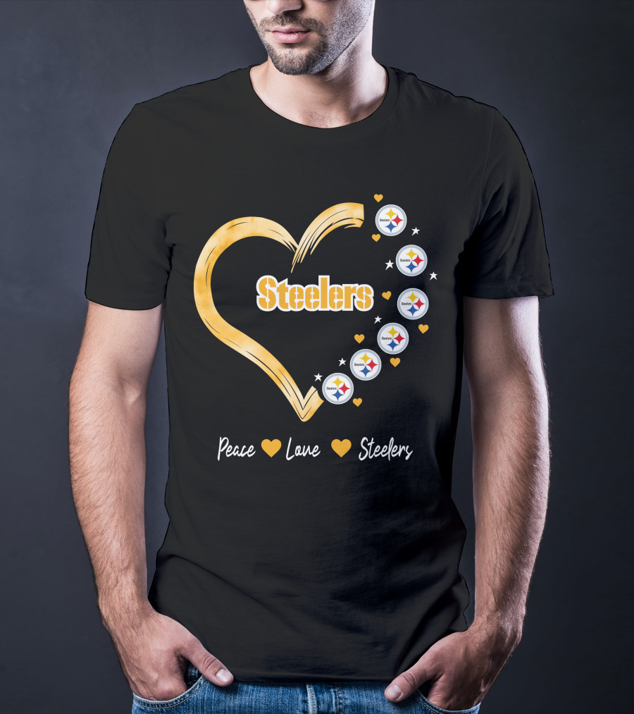 Peace Love Steelers Heart Filled With Pittsburgh Steelers Logos And Stars T-Shirt