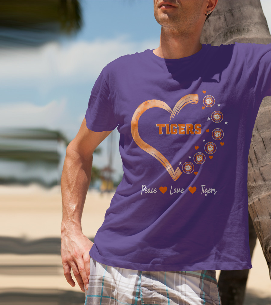 Peace Love Clemson Football Tigers Heart Paw Prints T-Shirt