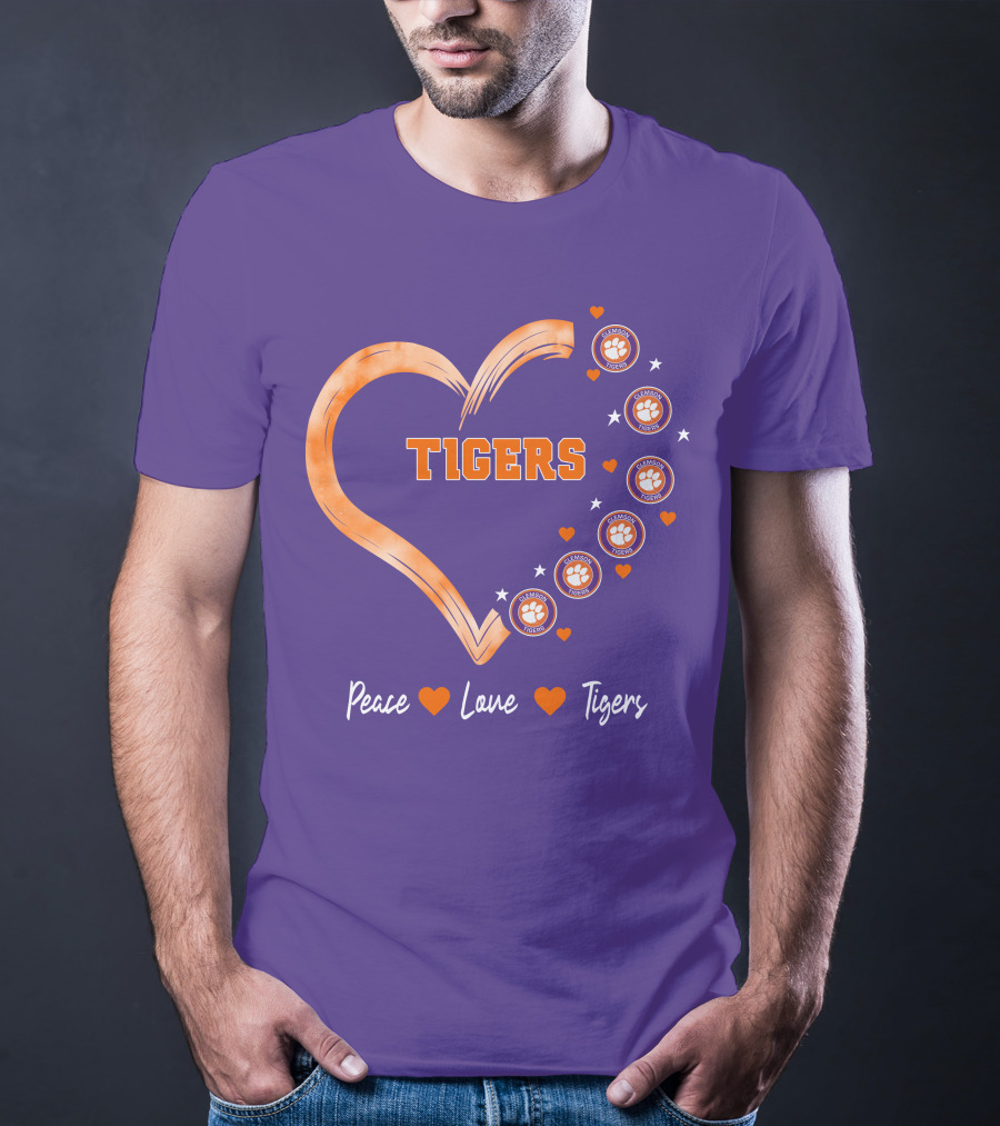 Peace Love Clemson Football Tigers Heart Paw Prints T-Shirt