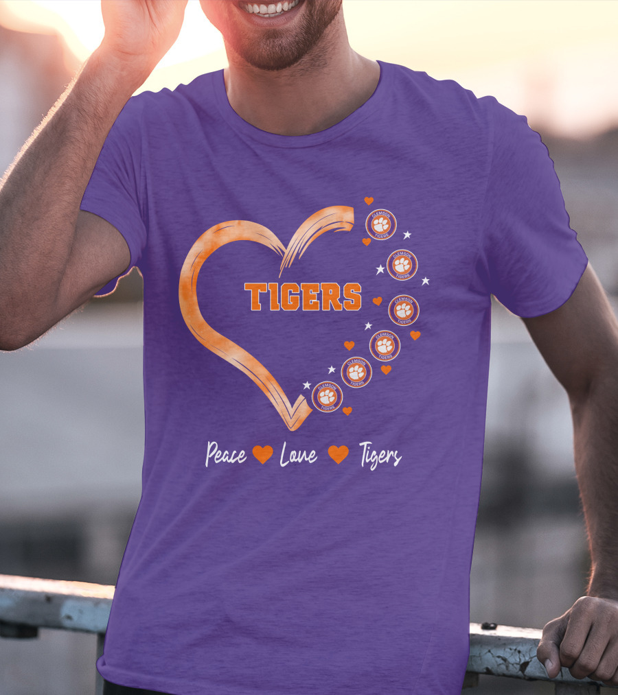 Peace Love Clemson Football Tigers Heart Paw Prints T-Shirt