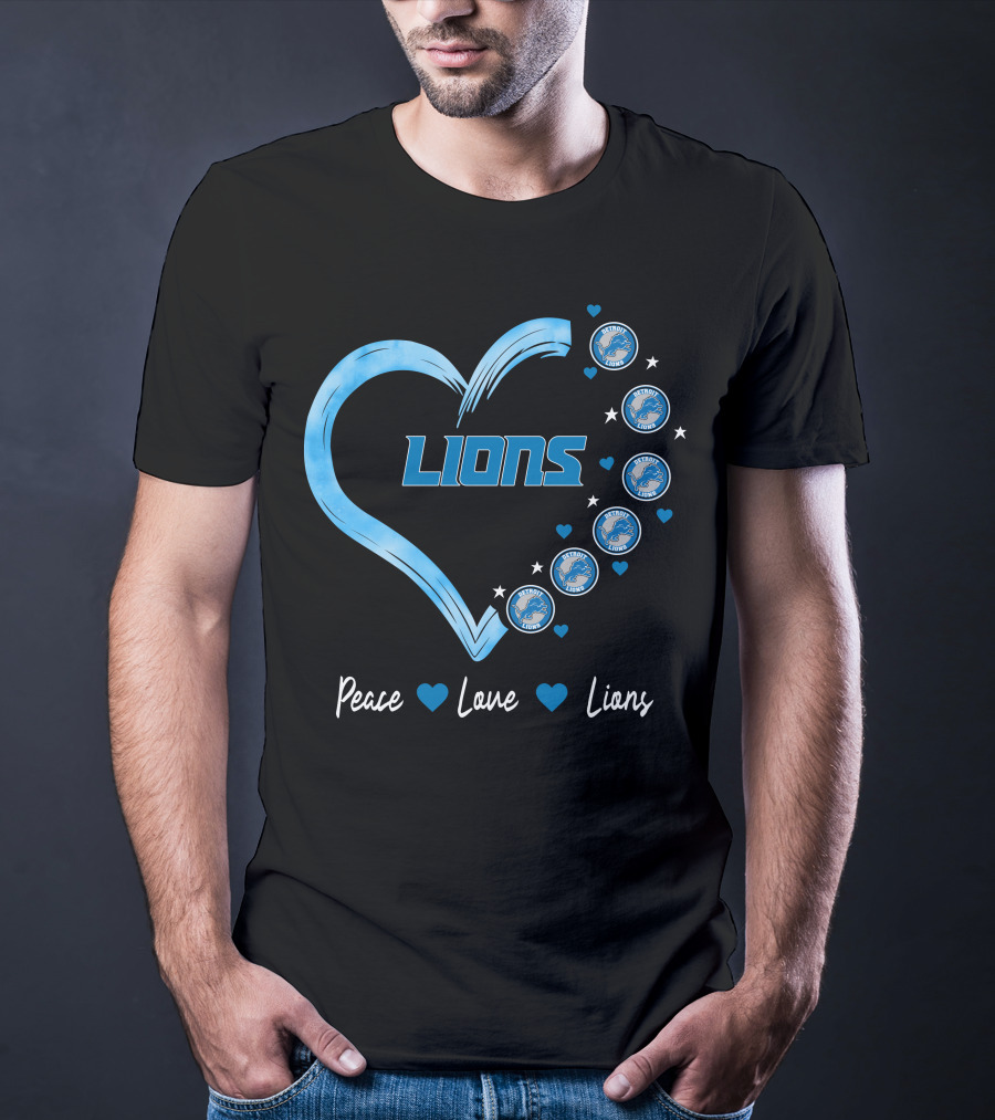 Peace Love Detroit Lions Retro Heart Fan Emblem T-Shirt