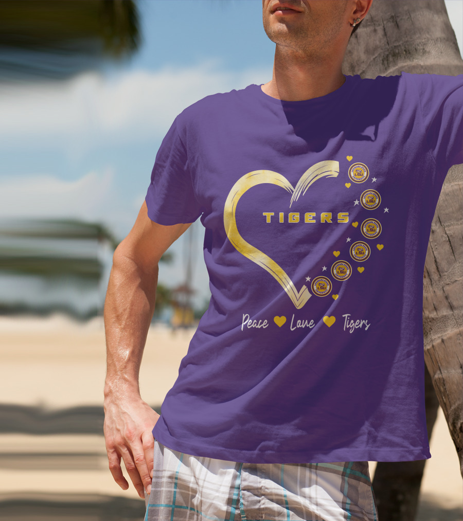 Peace Love LSU Tigers Heart Design With Logo Elements T-Shirt