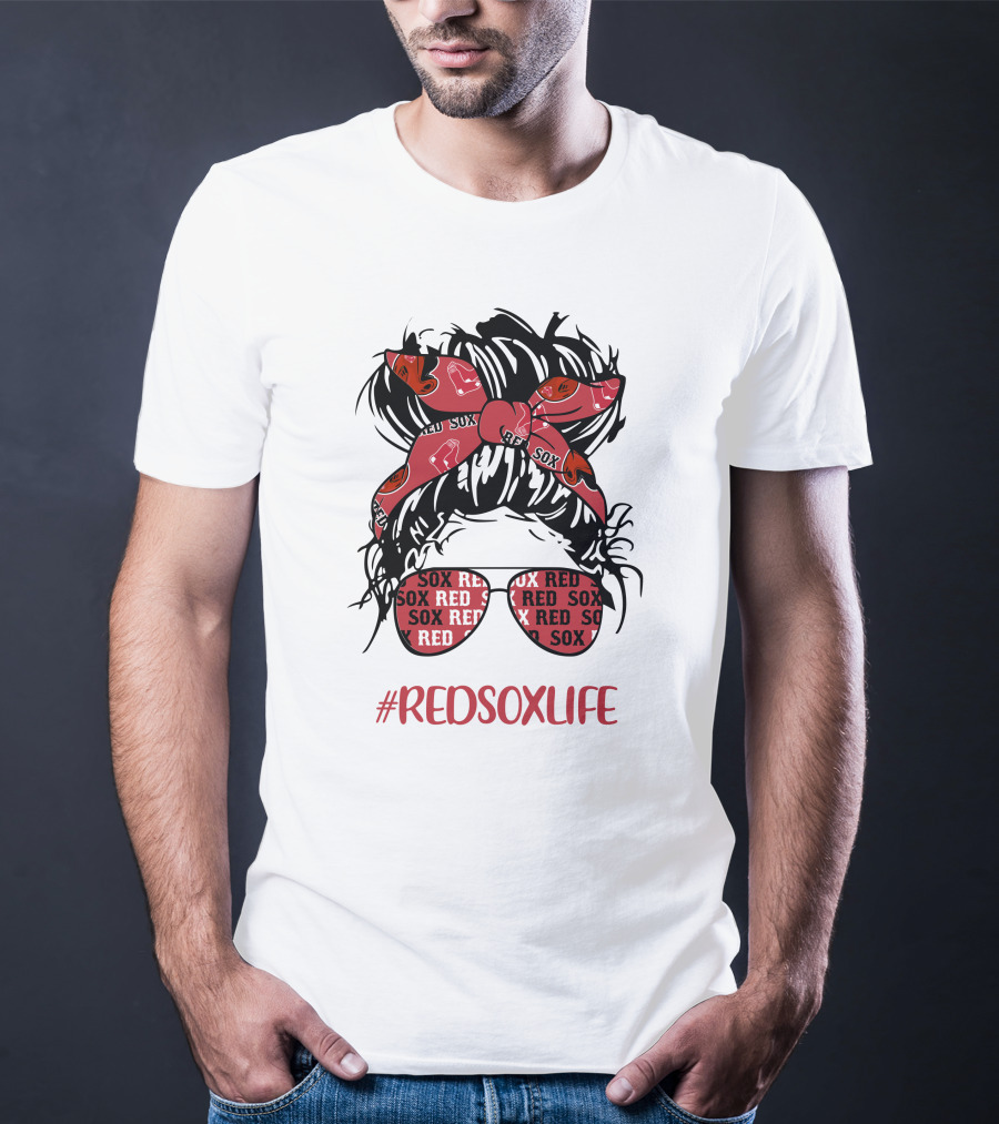 Boston Red Sox Messy Bun Girl With Headband Glasses #Redsoxlife T-Shirt