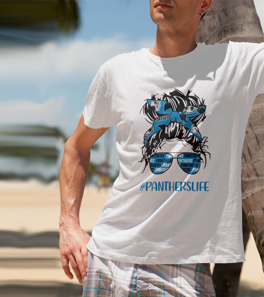 PanthersLife Messy Bun Girl With Panthers Headband And Glasses T-Shirt