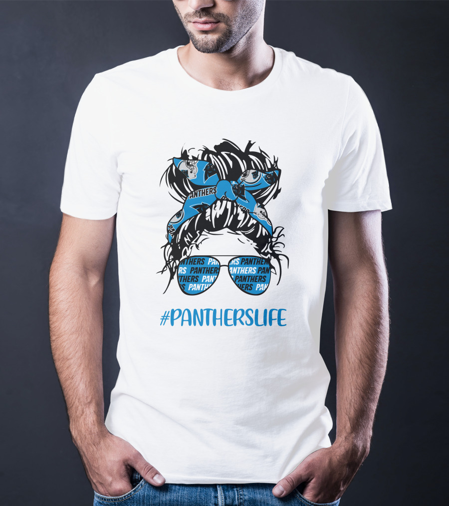PanthersLife Messy Bun Girl With Panthers Headband And Glasses T-Shirt