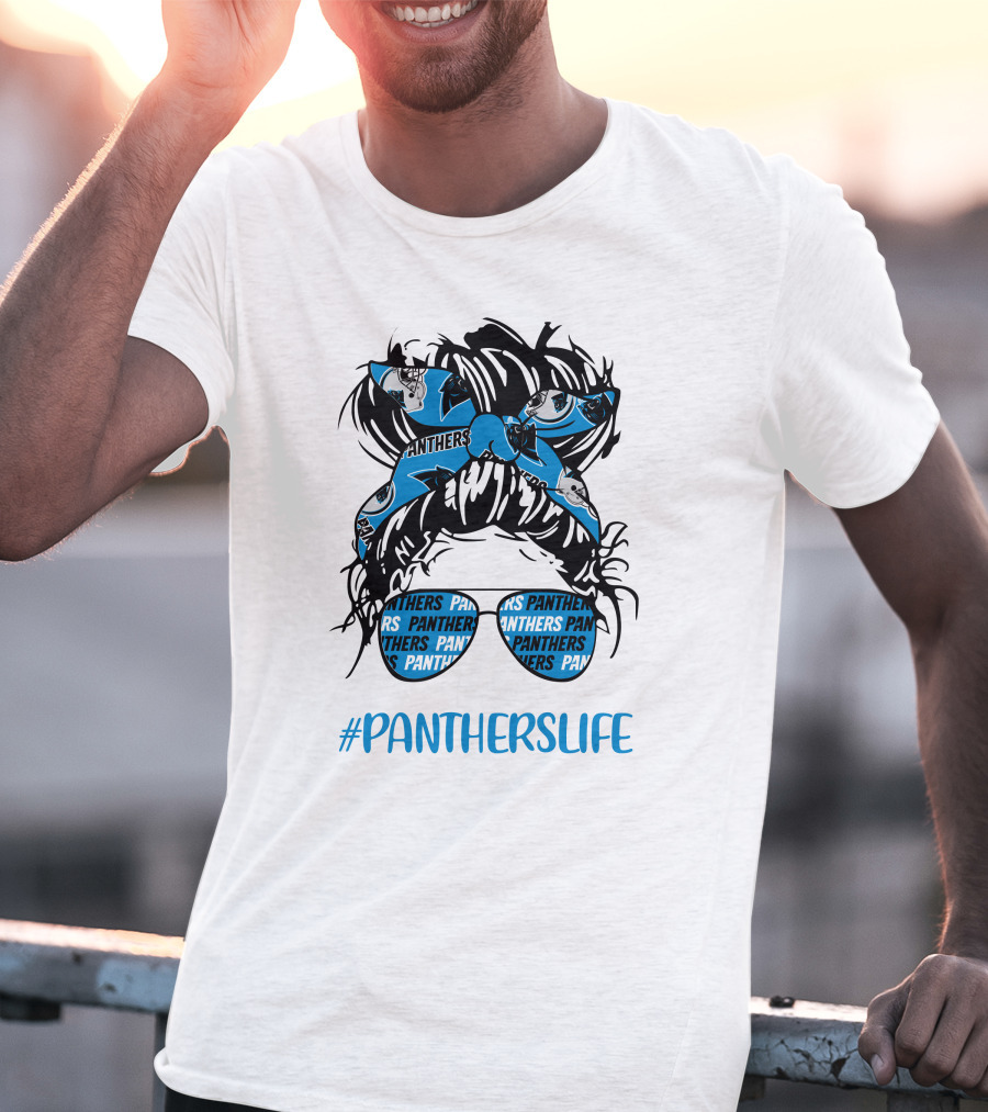 PanthersLife Messy Bun Girl With Panthers Headband And Glasses T-Shirt