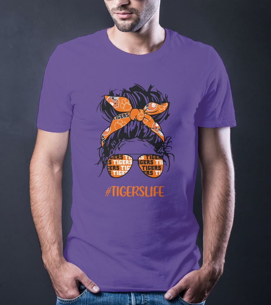 TigersLife Clemson Tigers Messy Bun Girl With Headband And Glasses T-Shirt