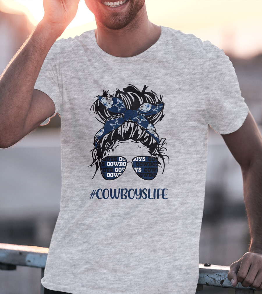 CowboysLife Messy Bun Girl Headband Glasses Dallas Cowboys T-Shirt