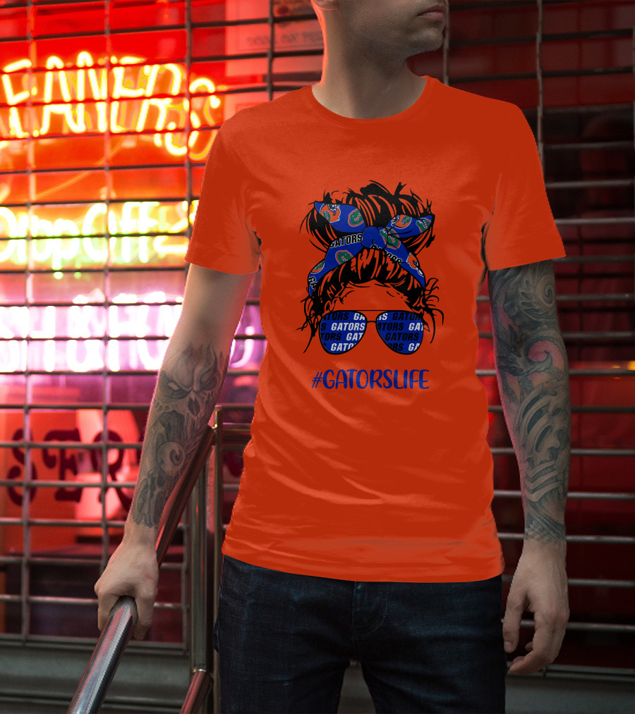 GATORS LIFE Messy Bun Girl With Gators Headband And Glasses T-Shirt