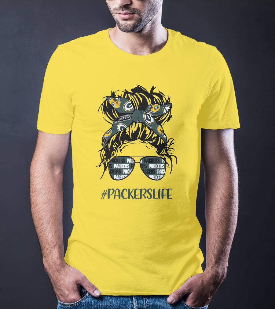 PACKERSLIFE Messy Bun Girl With Packers Headband And Glasses T-Shirt