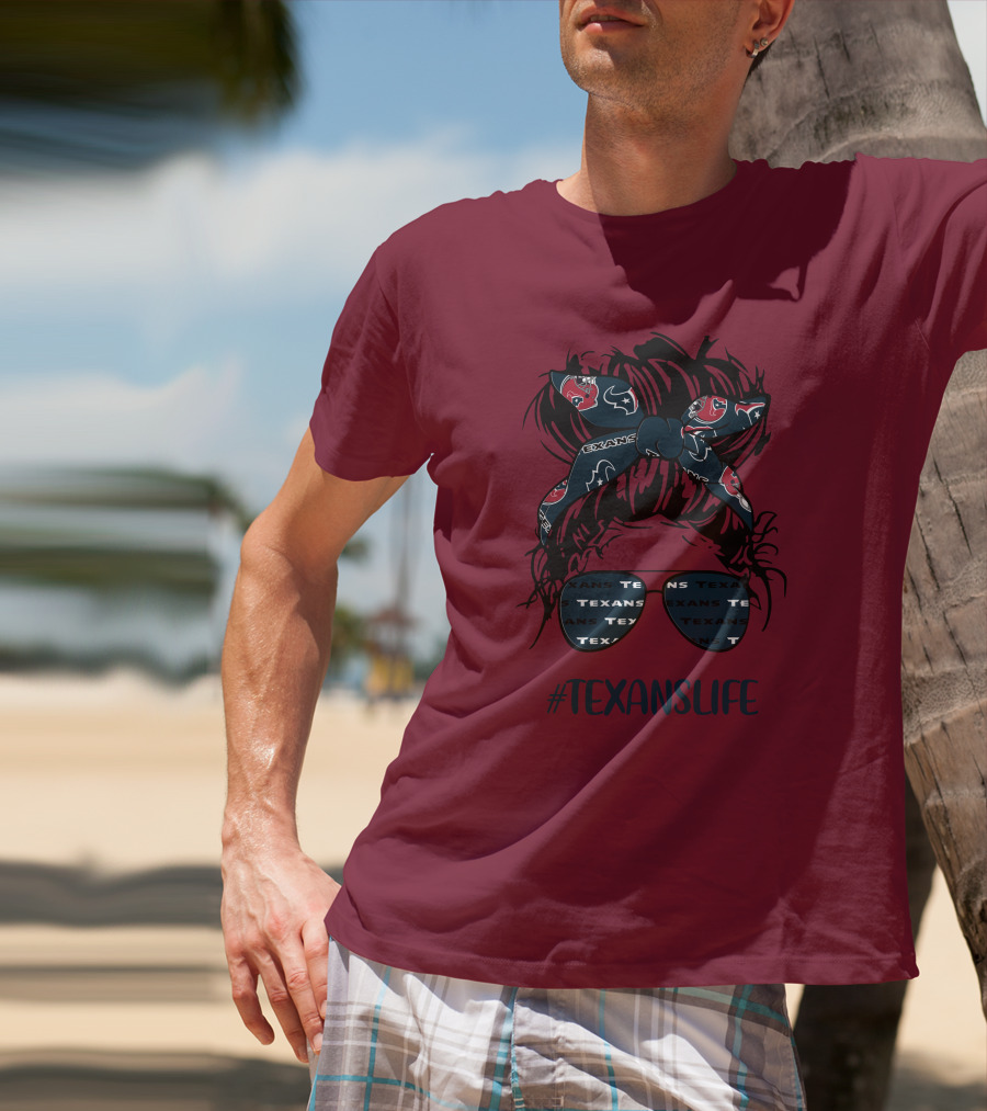 Houston Texans Hashtag Texanslife Messy Bun Headband Glasses T-Shirt