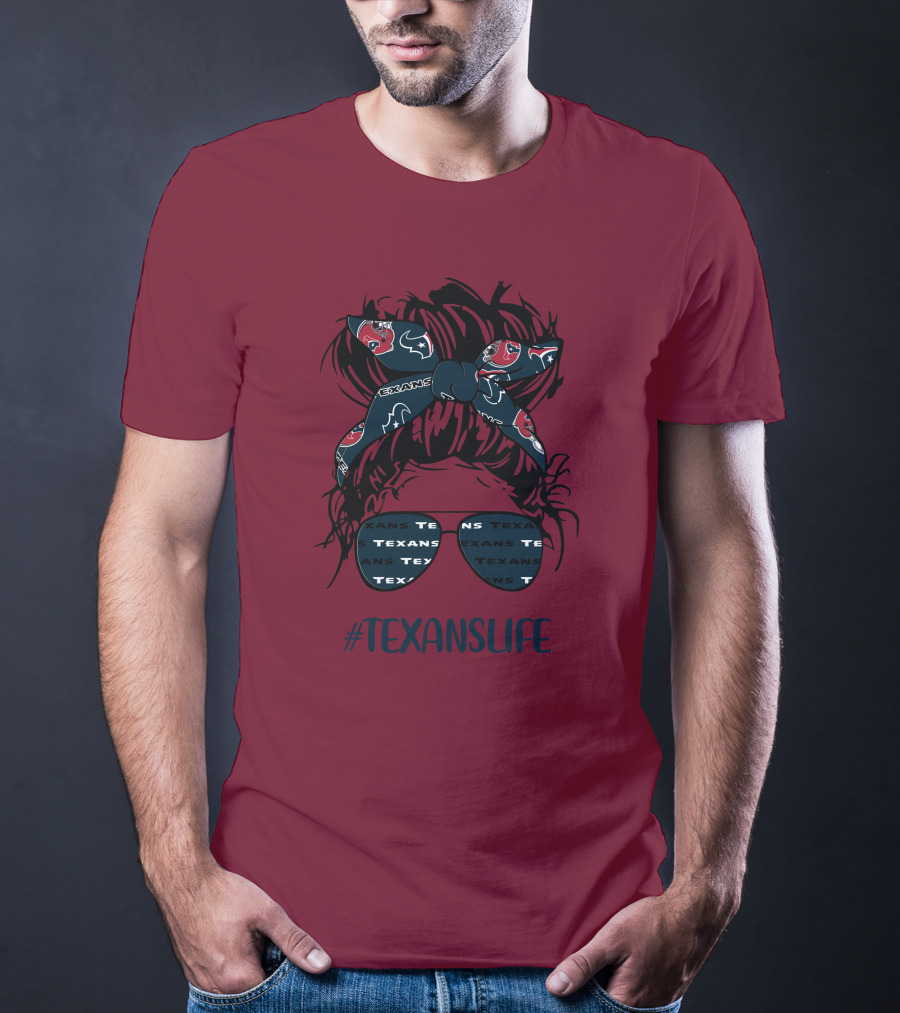 Houston Texans Hashtag Texanslife Messy Bun Headband Glasses T-Shirt