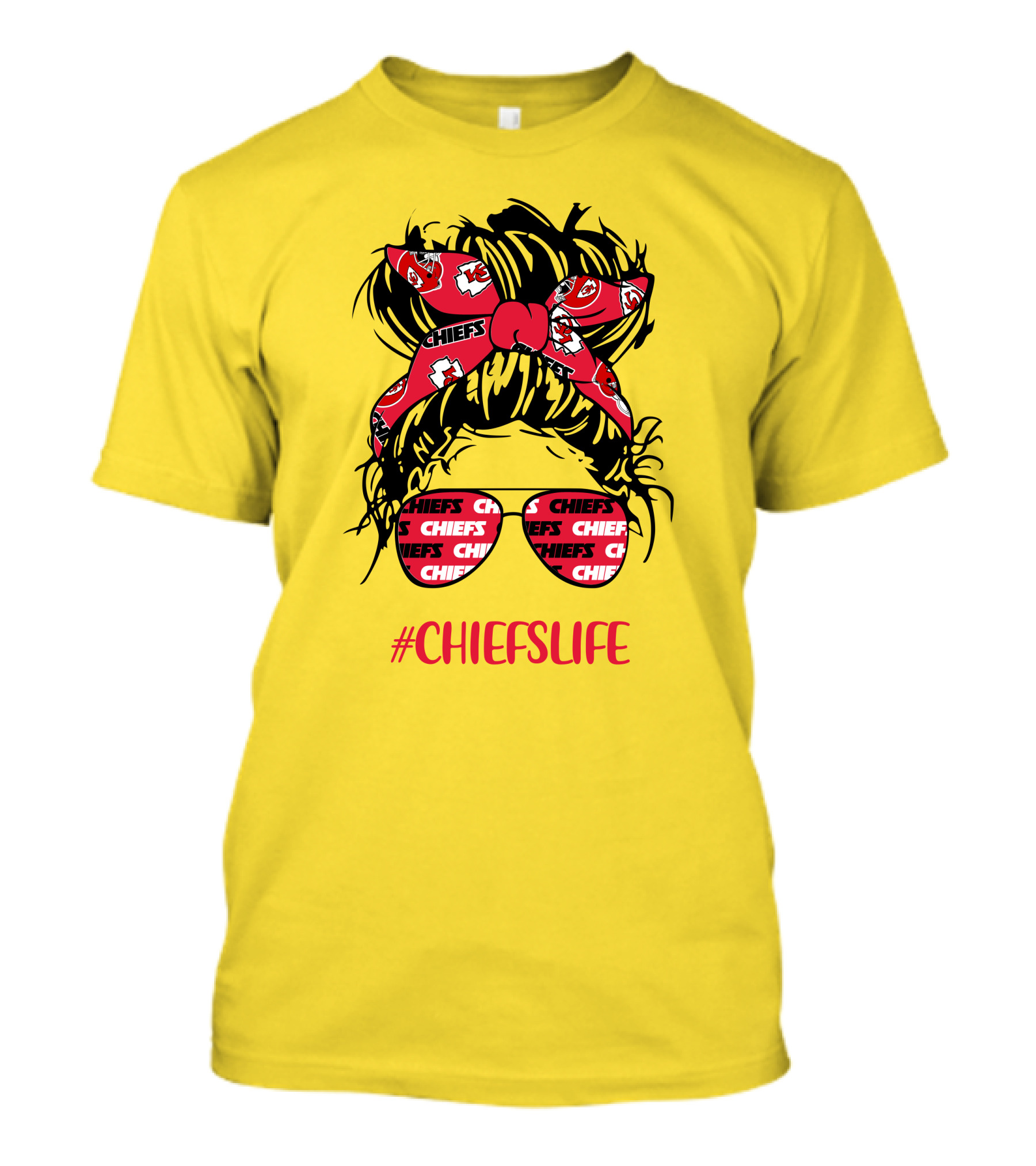 Kansas City Chiefs Life Messy Bun Girl With Chiefs Headband And CHIEFS Glasses T-Shirt