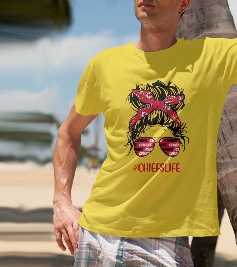 Kansas City Chiefs Life Messy Bun Girl With Chiefs Headband And CHIEFS Glasses T-Shirt