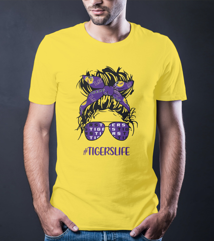 TIGERSLIFE LSU Messy Bun Girl Headband Glasses T-Shirt