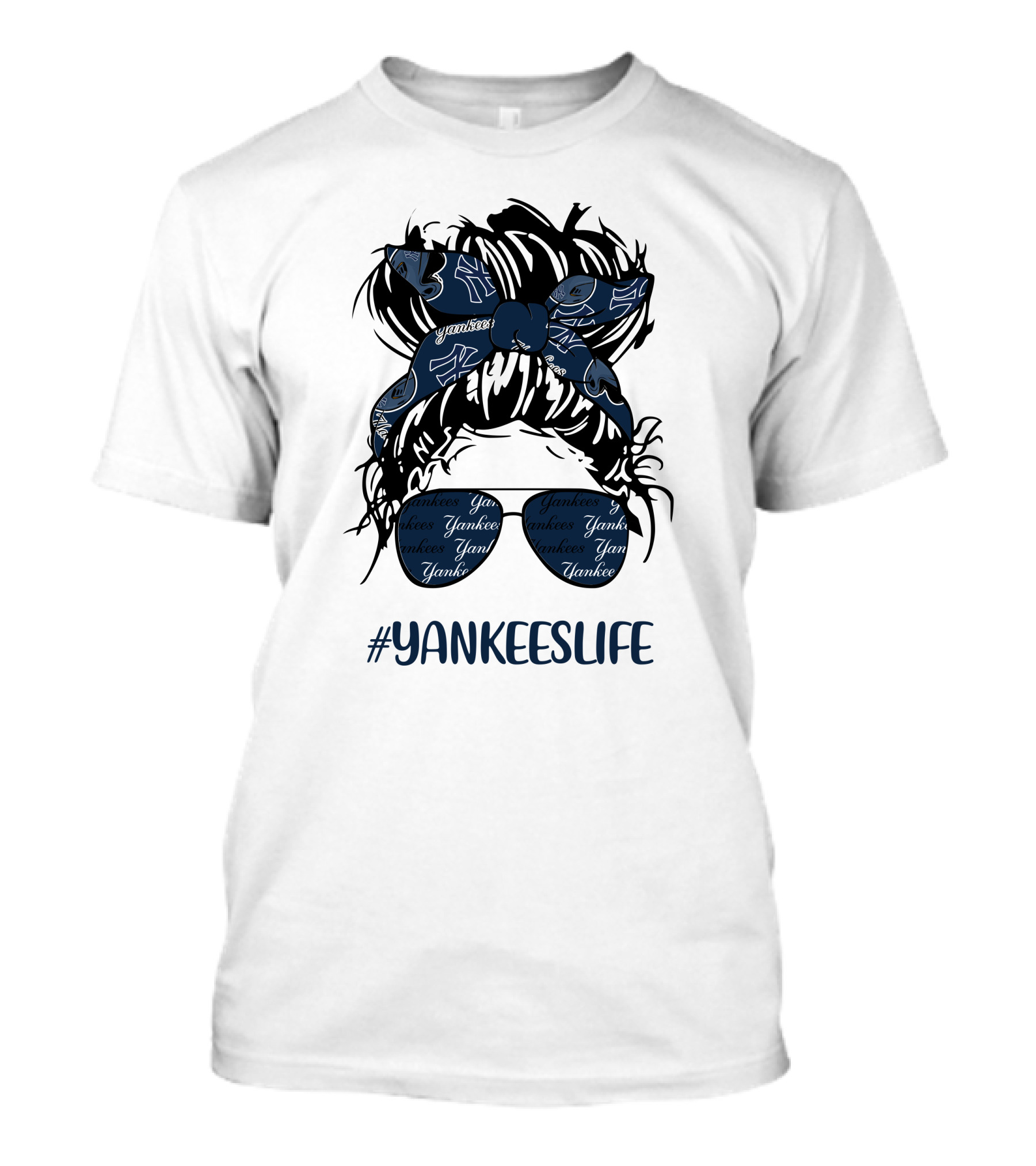 YANKEESLIFE Messy Bun Girl With Yankees Headband And Glasses T-Shirt