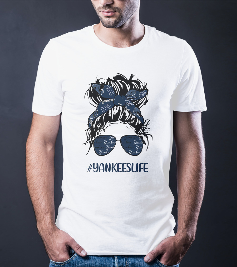 YANKEESLIFE Messy Bun Girl With Yankees Headband And Glasses T-Shirt
