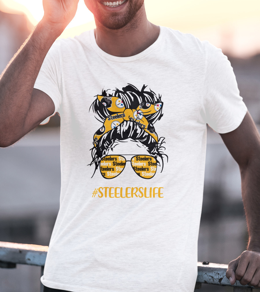 SteelersLife Messy Bun Girl With Steelers Headband And Glasses T-Shirt