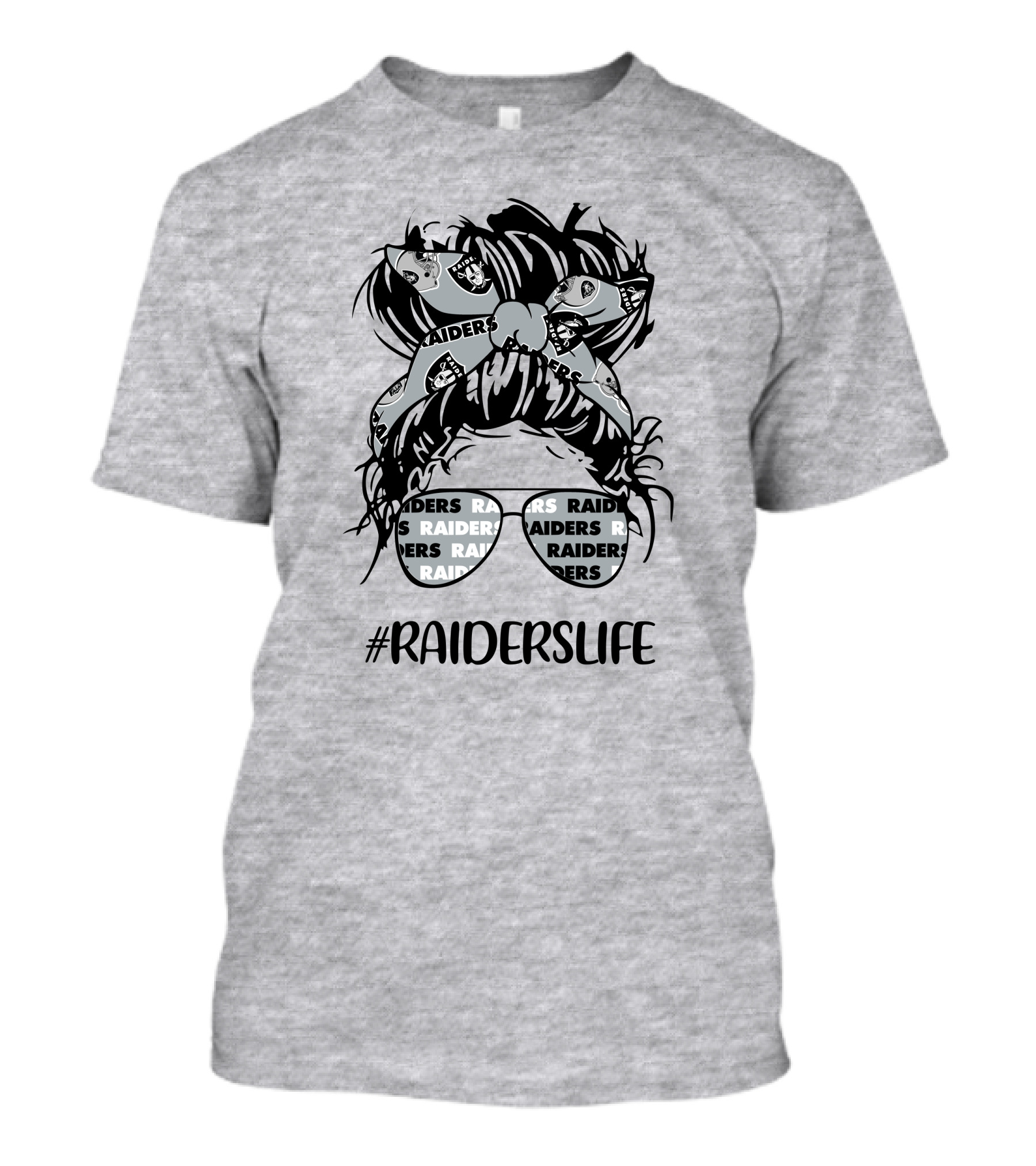 Raiderslife Messy Bun Girl With Raiders Headband Glasses Las Vegas Raiders T-Shirt