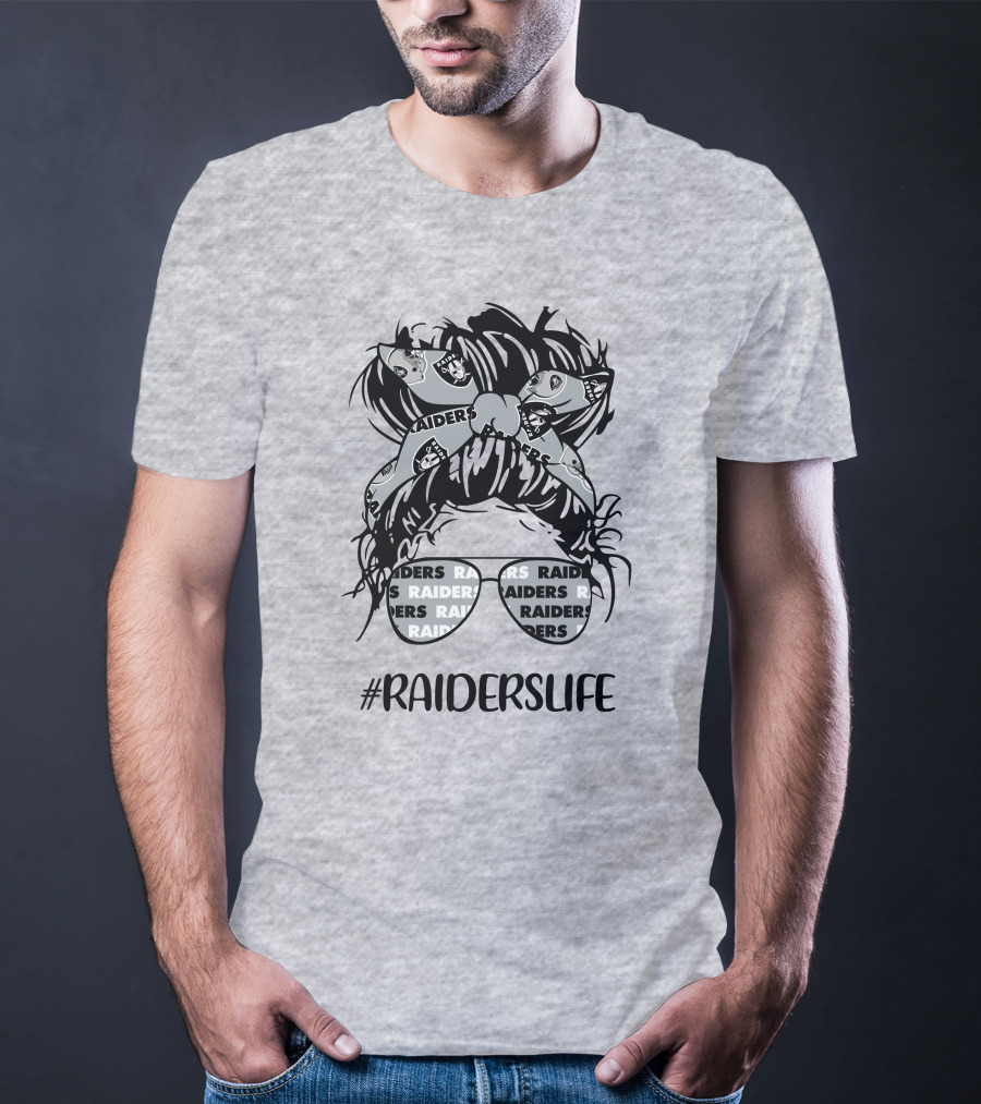 Raiderslife Messy Bun Girl With Raiders Headband Glasses Las Vegas Raiders T-Shirt