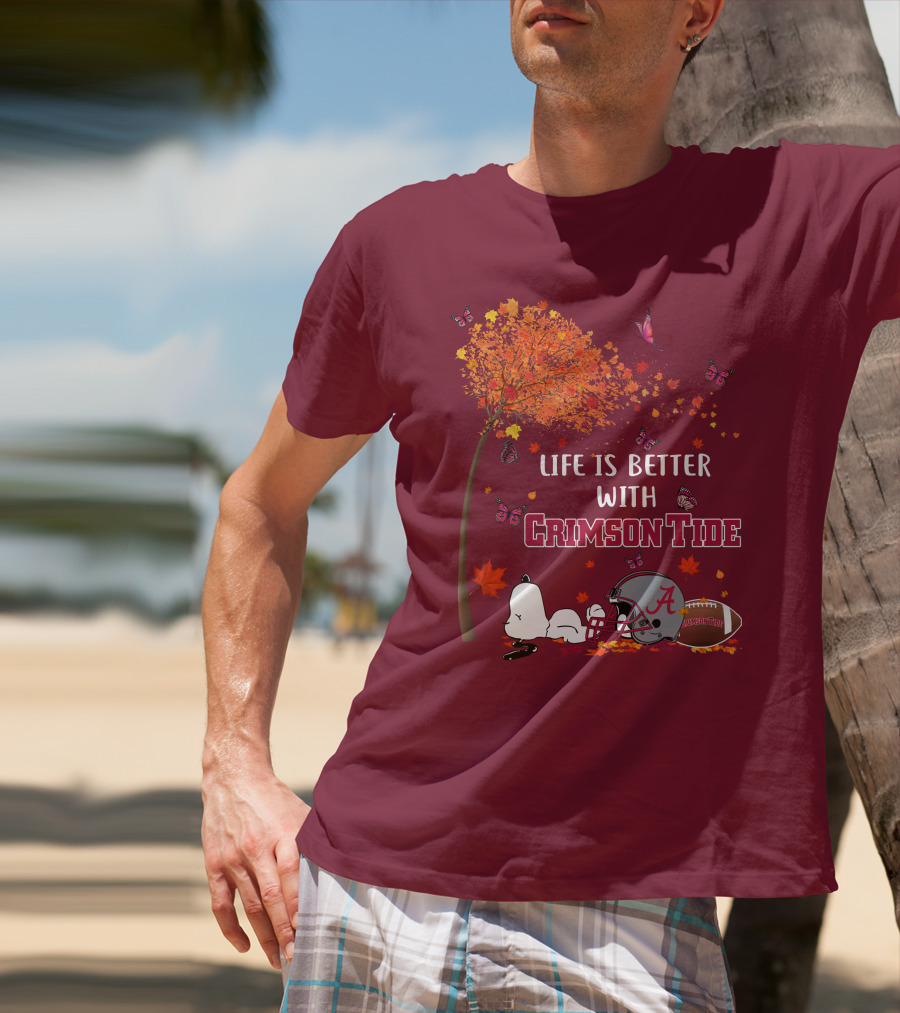 Life Is Better With Crimson Tide Alabama Football Autumn Leaves Butterflies Snoopy Woodstock T-Shirt