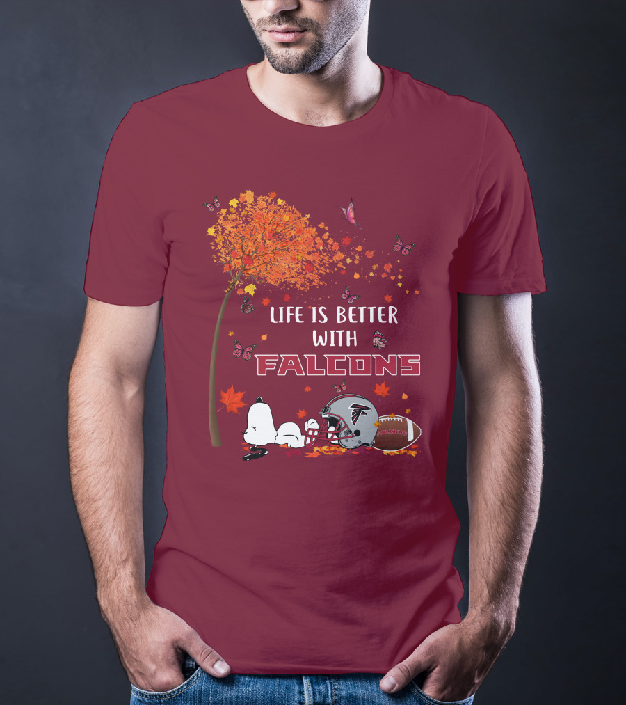 Life Is Better With Falcons Autumn Leaves Helmet Football Snoopy T-Shirt
