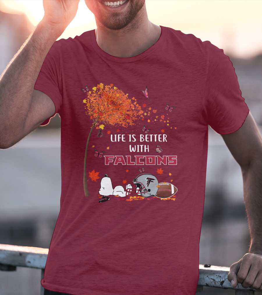 Life Is Better With Falcons Autumn Leaves Helmet Football Snoopy T-Shirt