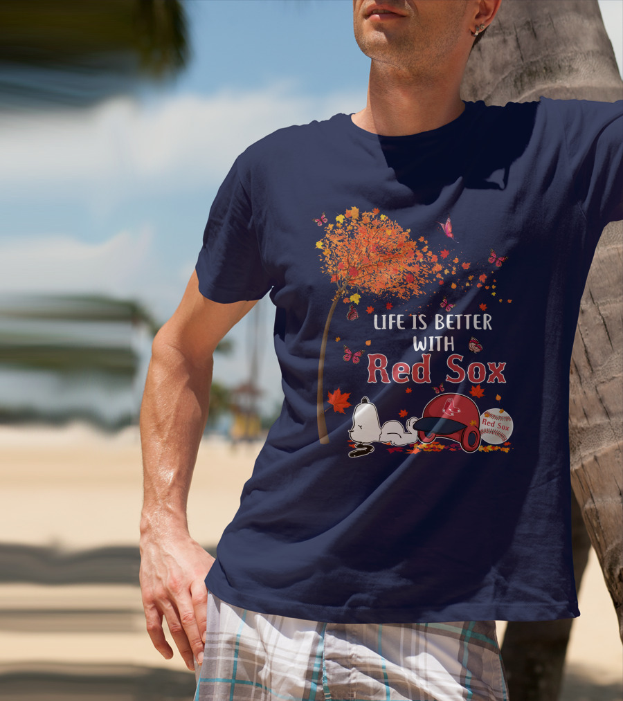 Life Is Better With Red Sox Tree Butterflies Baseball T-Shirt