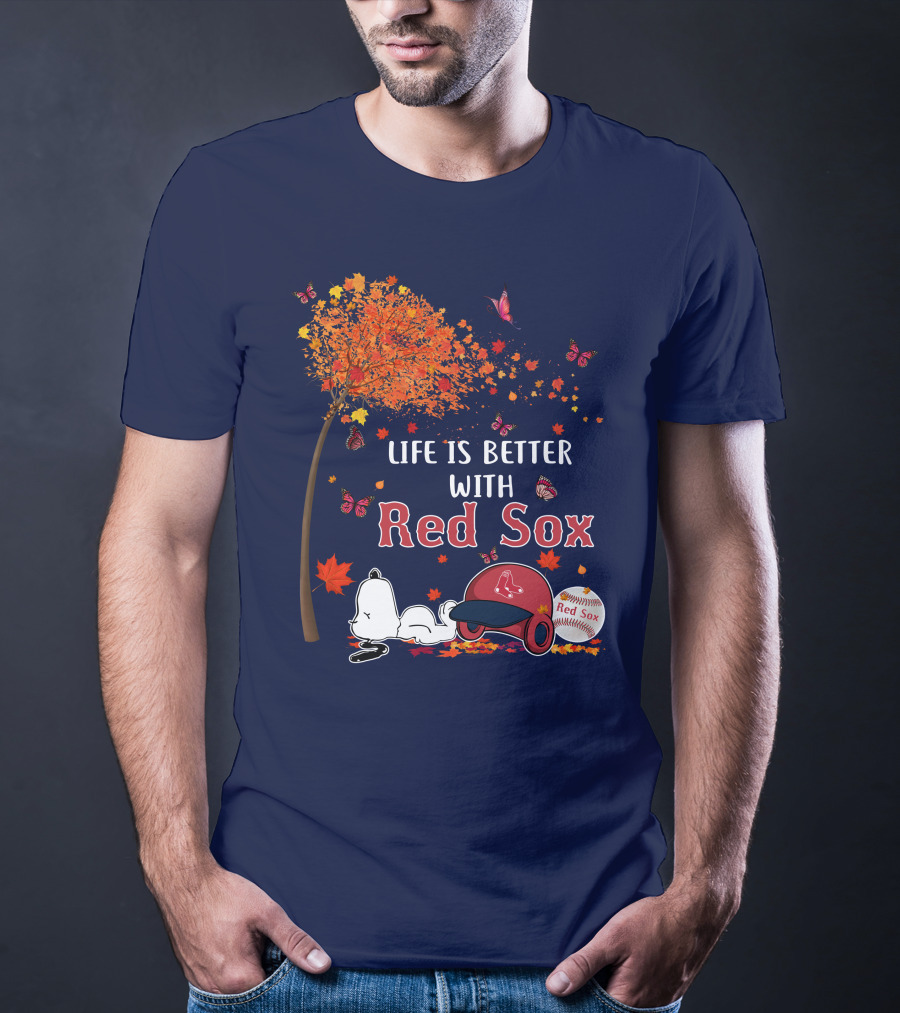 Life Is Better With Red Sox Tree Butterflies Baseball T-Shirt