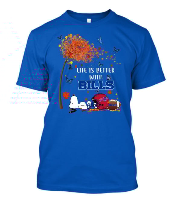 Life Is Better With Bills Buffalo Helmet And Football Under Autumn Tree With Snoopy And Butterflies T-Shirt
