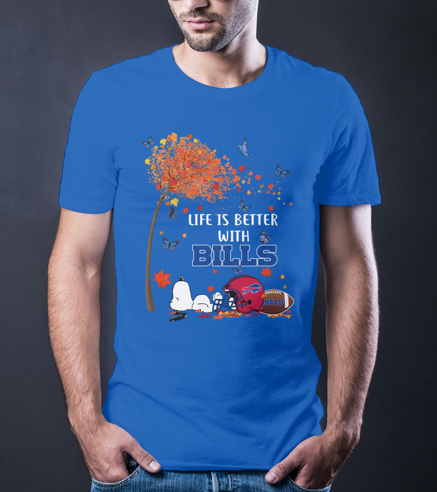 Life Is Better With Bills Buffalo Helmet And Football Under Autumn Tree With Snoopy And Butterflies T-Shirt