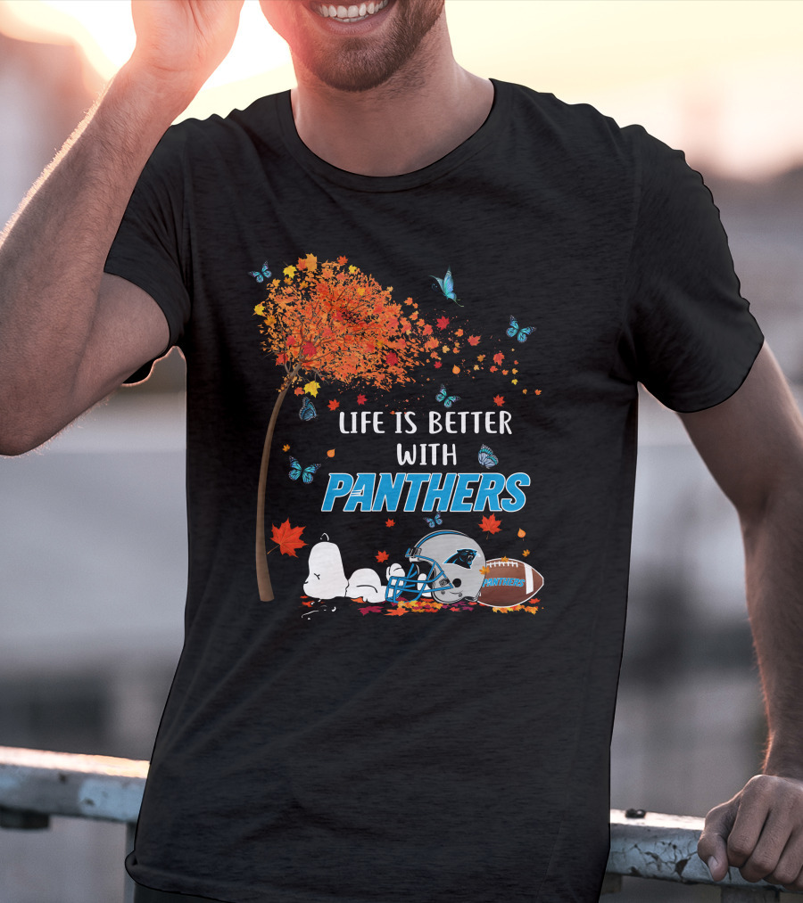 Life Is Better With Panthers Carolina Football Helmet And Autumn Leaves T-Shirt