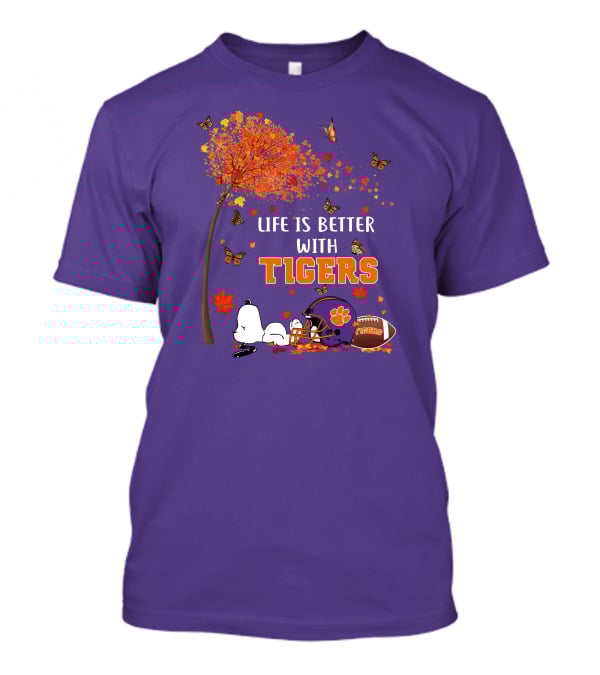 Life Is Better With Tigers Autumn Tree Snoopy Football Helmet Butterflies T-Shirt