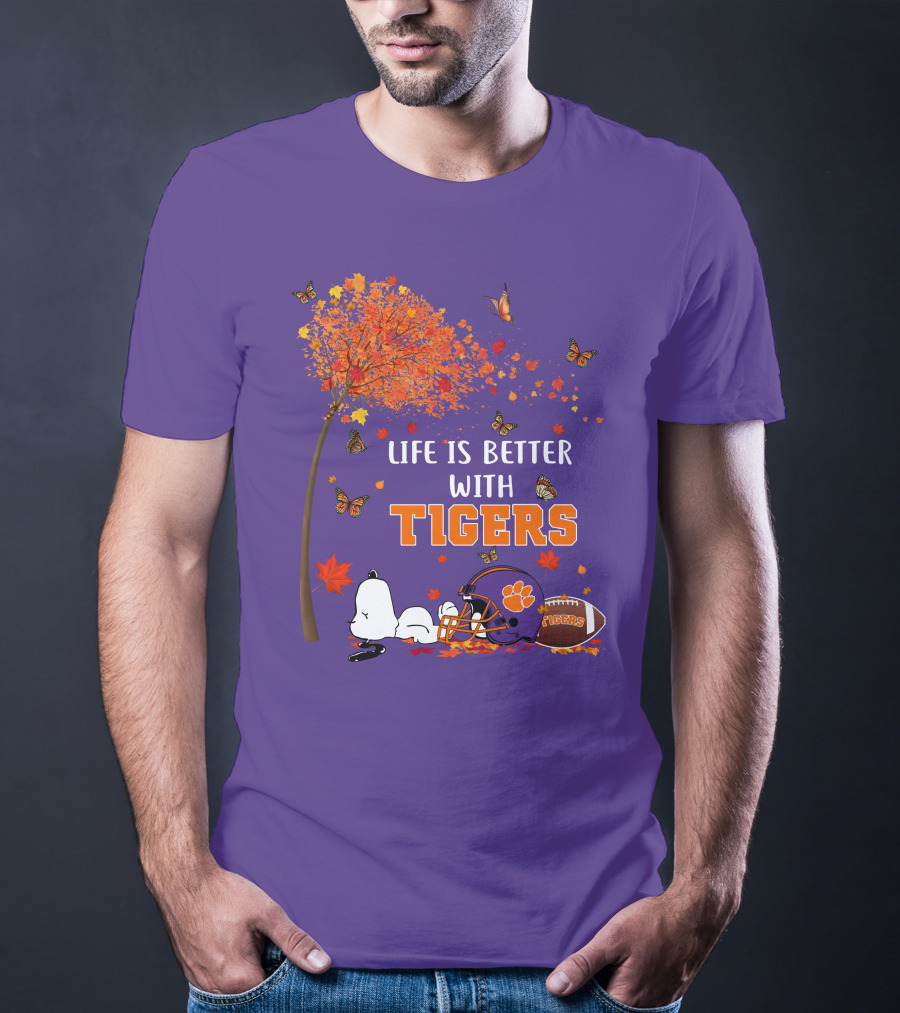 Life Is Better With Tigers Autumn Tree Snoopy Football Helmet Butterflies T-Shirt