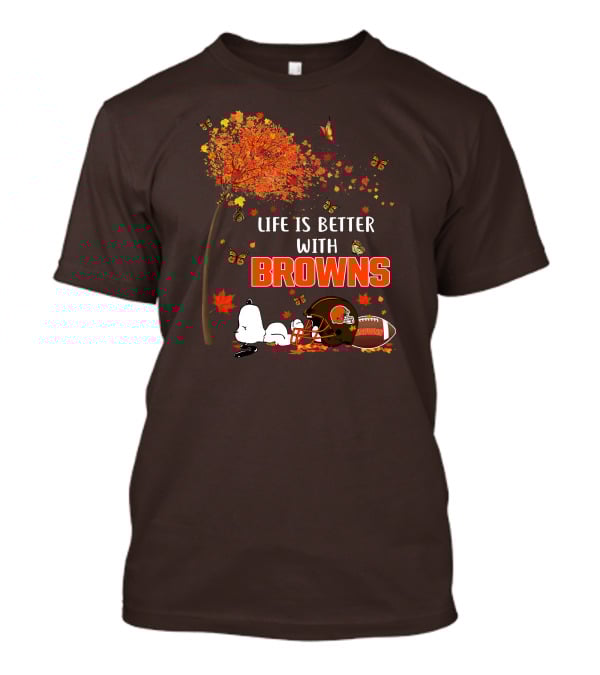Life Is Better With My Cleveland Browns Football Autumn Scene And Peanuts Character T-Shirt