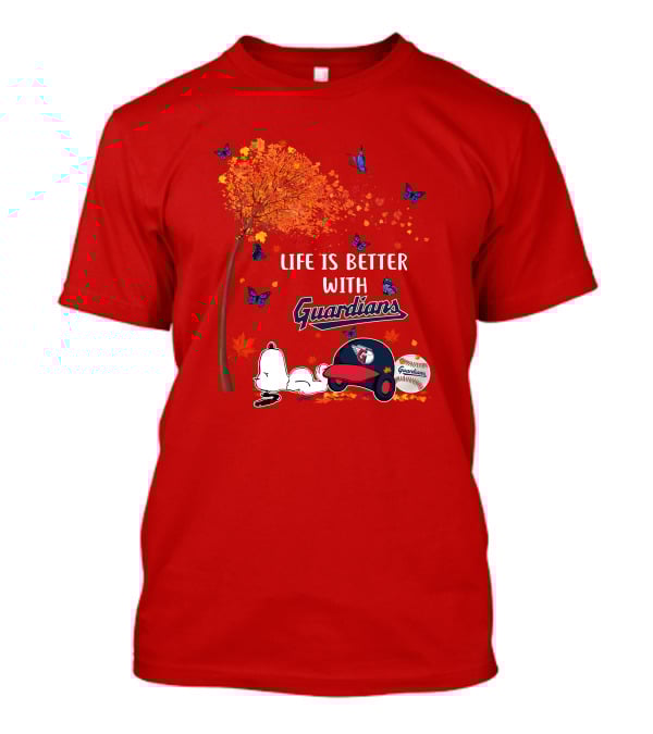 Life Is Better With Guardians Cleveland Guardians Baseball Autumn Tree Snoopy And Butterflies T-Shirt