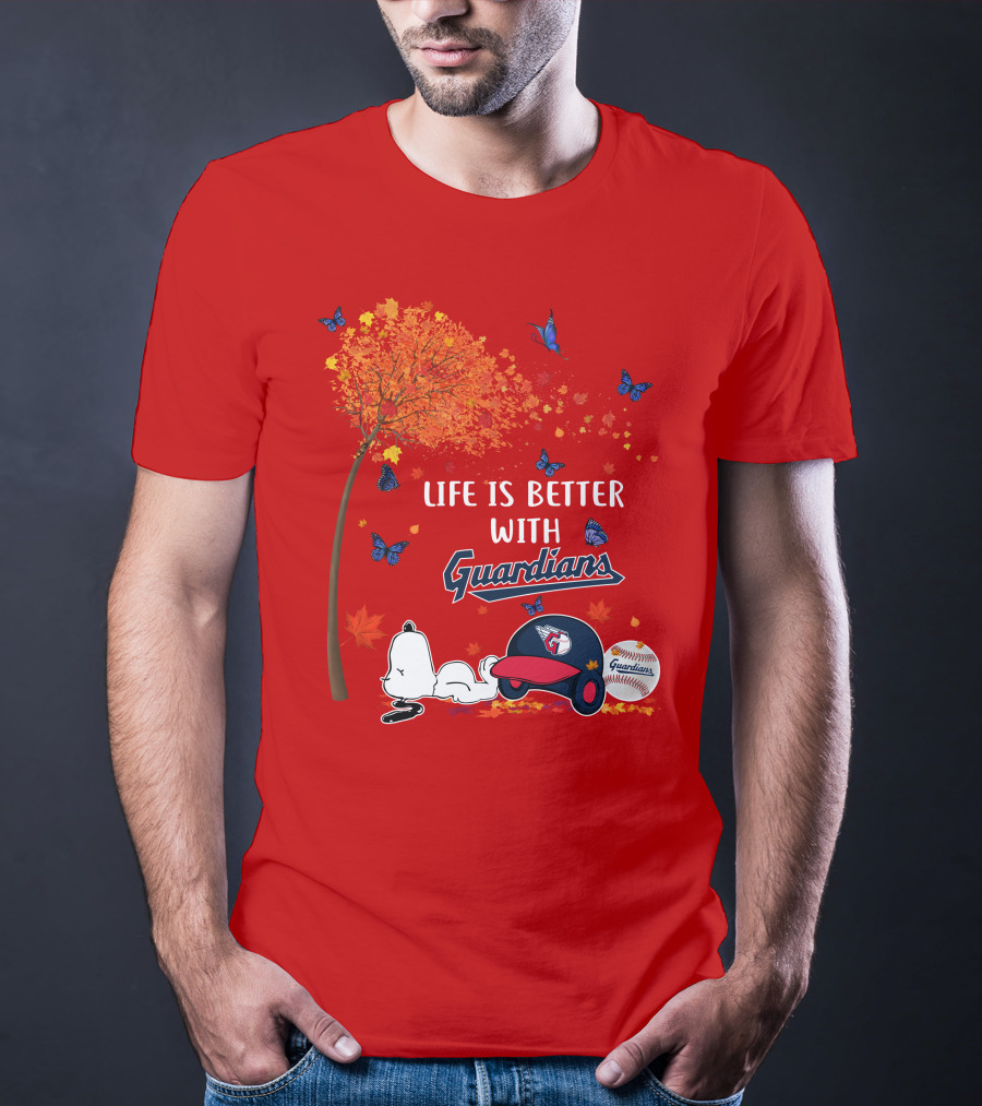 Life Is Better With Guardians Cleveland Guardians Baseball Autumn Tree Snoopy And Butterflies T-Shirt