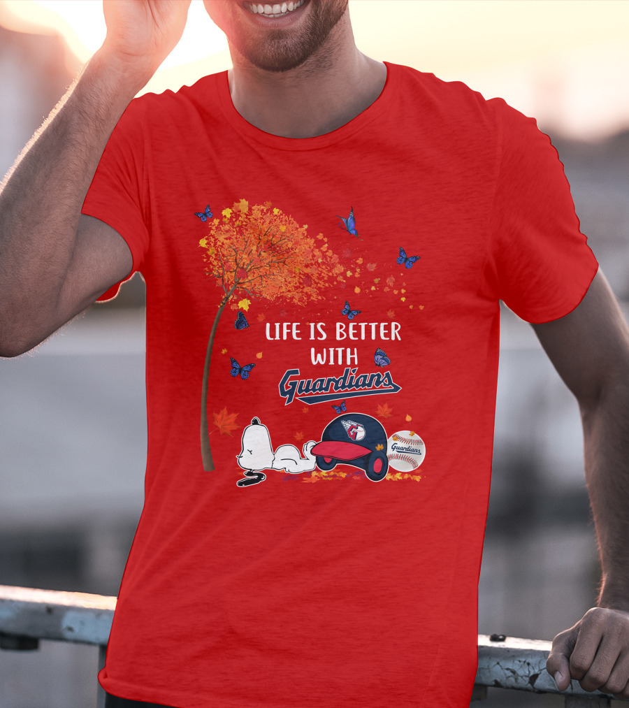 Life Is Better With Guardians Cleveland Guardians Baseball Autumn Tree Snoopy And Butterflies T-Shirt