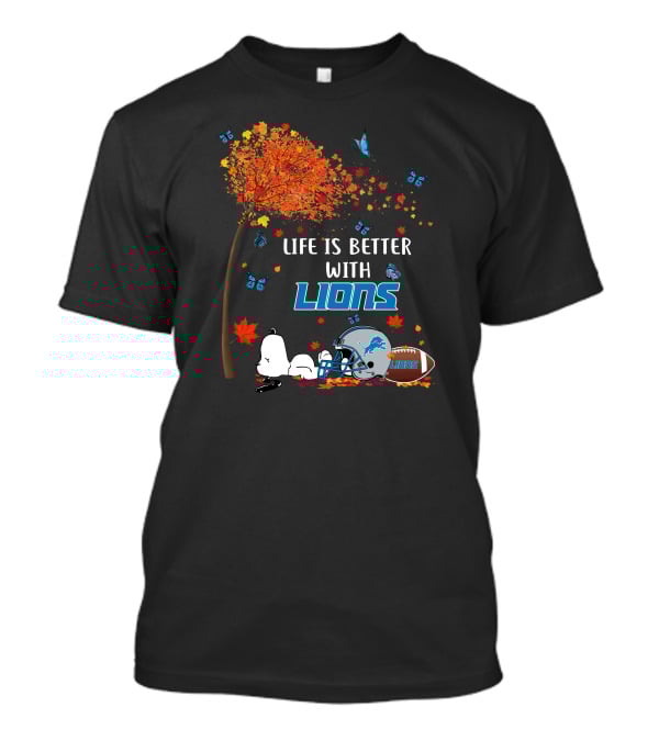 Life Is Better With Detroit Lions Autumn Leaves Football Helmet Snoopy Woodstock T-Shirt