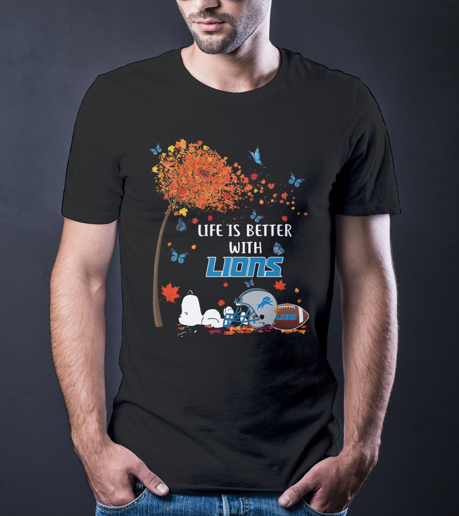 Life Is Better With Detroit Lions Autumn Leaves Football Helmet Snoopy Woodstock T-Shirt