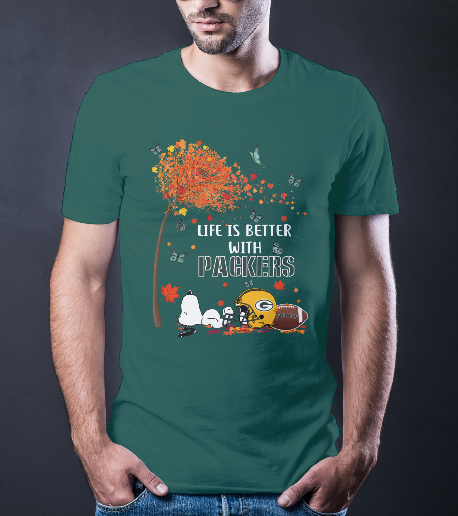 Life Is Better With Packers Green Bay Football Autumn Snoopy Leaves T-Shirt