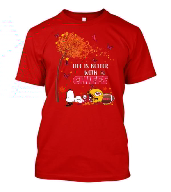 Life Is Better With Chiefs Fall Football Theme Snoopy And Butterflies T-Shirt