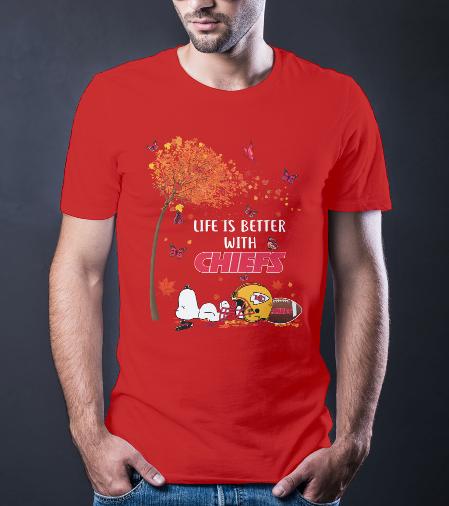 Life Is Better With Chiefs Fall Football Theme Snoopy And Butterflies T-Shirt