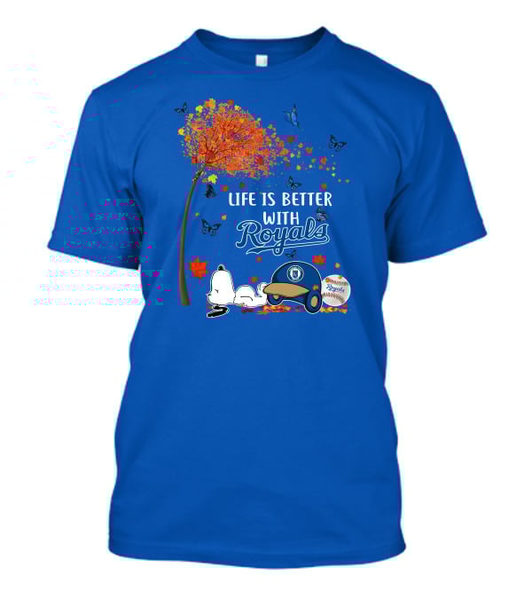 Life Is Better With Royals Baseball Helmet Autumn Leaves Snoopy And Butterfly T-Shirt