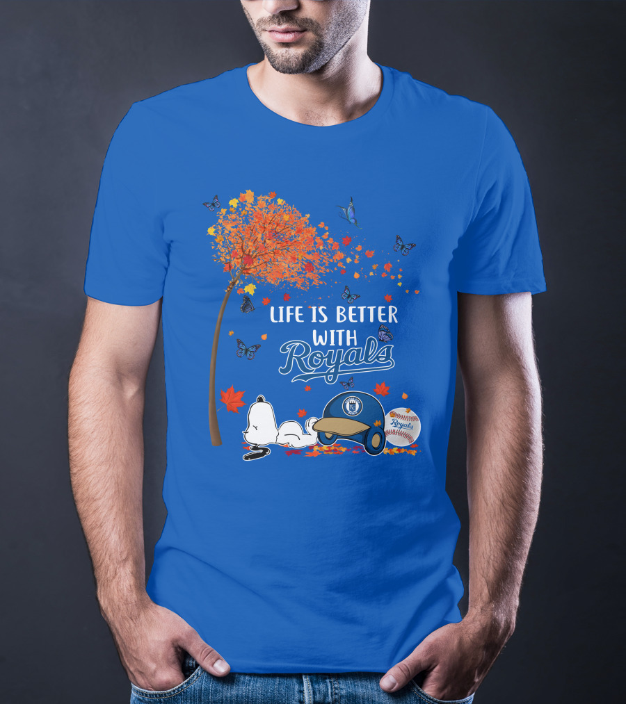 Life Is Better With Royals Baseball Helmet Autumn Leaves Snoopy And Butterfly T-Shirt