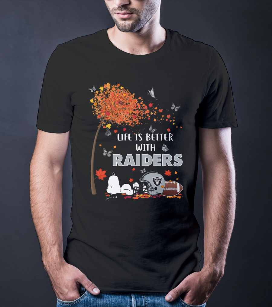 Life Is Better With Raiders Autumn Leaves And Snoopy Under Tree With Butterfly And Football Helmet T-Shirt