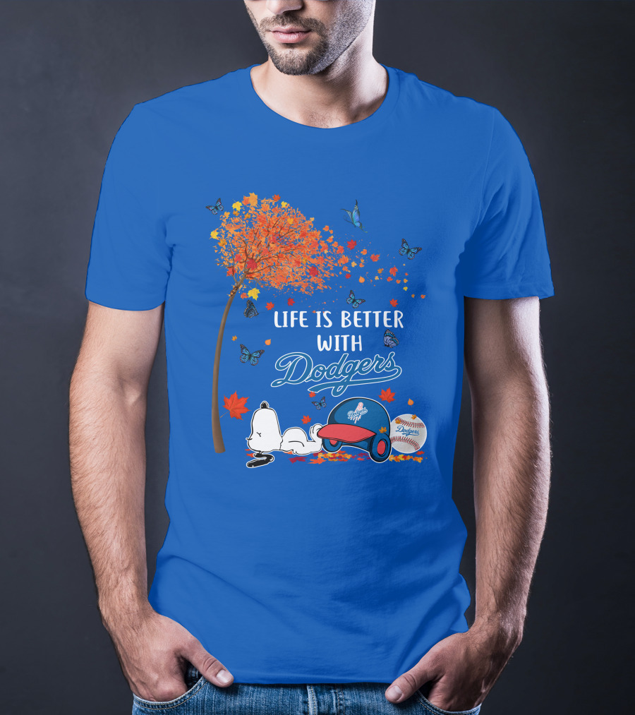 Life Is Better With Dodgers Autumn Leaves Snoopy Baseball Cap And Ball T-Shirt