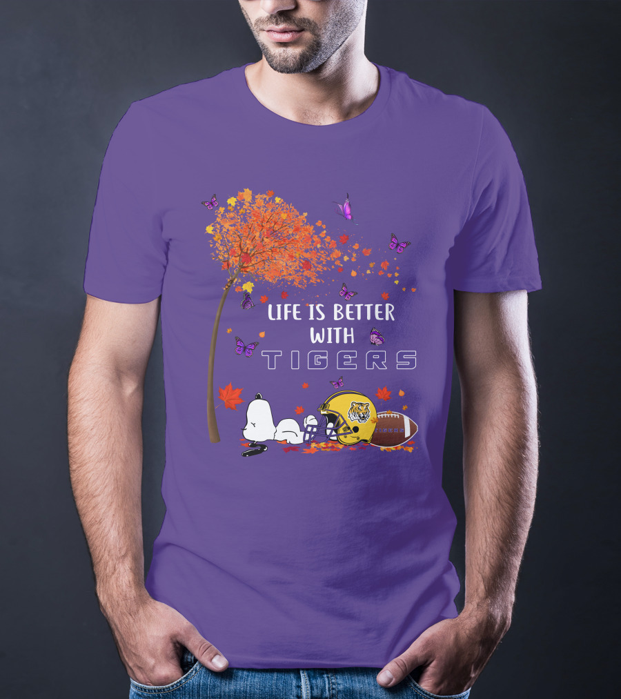 Life Is Better With Tigers Football Leaves Butterflies Helmet T-Shirt